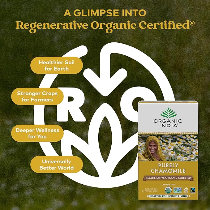 Organic India Purely Chamomile Tea - Regenerative Organic Chamomile Flowers Caffeine Free Calming &amp Relaxing Herbal Tea Natural Support for Sleep &amp Relaxation - 18 Bags Pack of 3