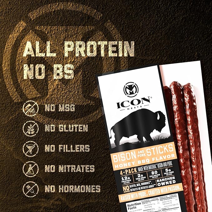 ICON Meats Bison and Pork Snack Sticks Honey BBQ 6 Pack High Protein Snacks 4 Meat Sticks per Pack Low Sugar Gluten Free Natural USDA Inspected Made in the USA Gifts for Him
