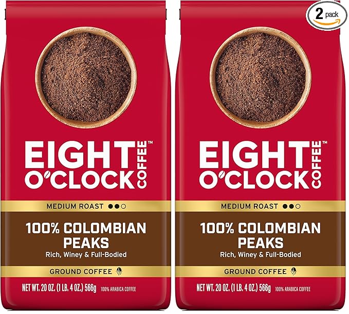 Eight O'Clock Coffee 100% Arabica Colombian Peaks Medium Roast Ground Coffee Kosher Certified 20 Oz (Pack of 2)