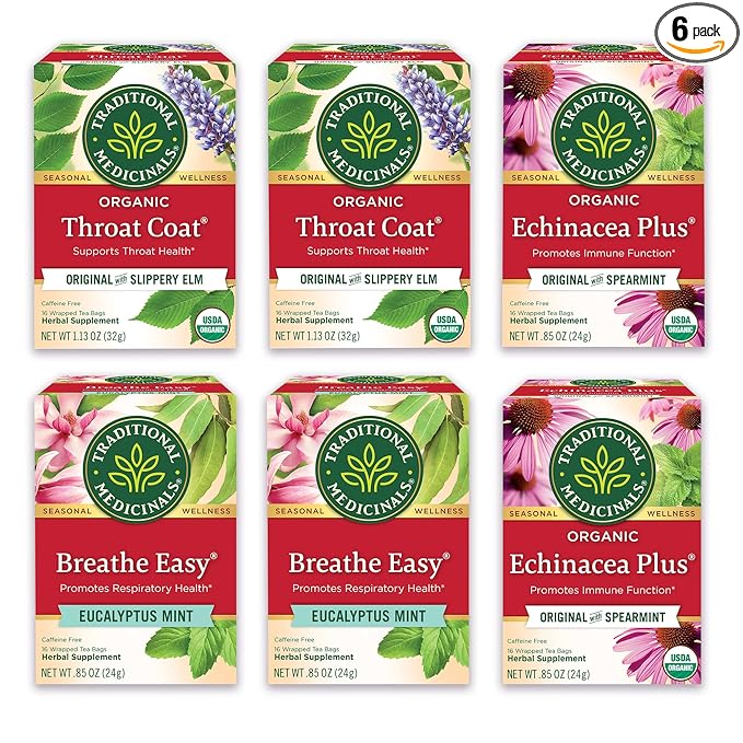 Traditional Medicinals Tea Organic Seasonal Care Variety Pack Throat Coat Echinacea Breathe Easy with Eucalyptus to Support Respiratory Health 96 Tea Bags (6 Pack)