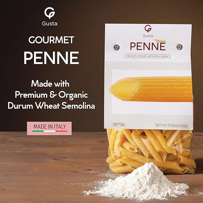 Gusta Penne Rigate Pasta - Premium Italian Pasta from Italy - Durum Wheat Semolina Organic Al Dente Pasta - Non-GMO &amp Gourmet Pasta - Family Owned Brand - 17.64oz / 500g (4 Pack)