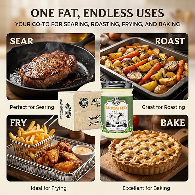 100% Pure Grass Fed Beef Tallow for Cooking – Clean Non-Seed Oil Cooking Fat - Keto and Paleo Diet Friendly – Perfect for Whole 30 – Carnivore Diet – Gluten Free Protein Snacks for Adults – Made in th
