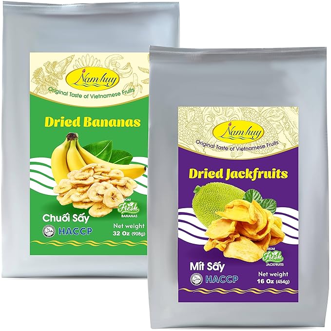 NAM HUY Vietnam's Dried Jackfruit and Dried Banana Fruit Snacks Original Taste of Vietnamese Fruits No-Added Sugar or Preservatives Delicious Crispy Texture HACCP &amp Halal Certificate (Total 48