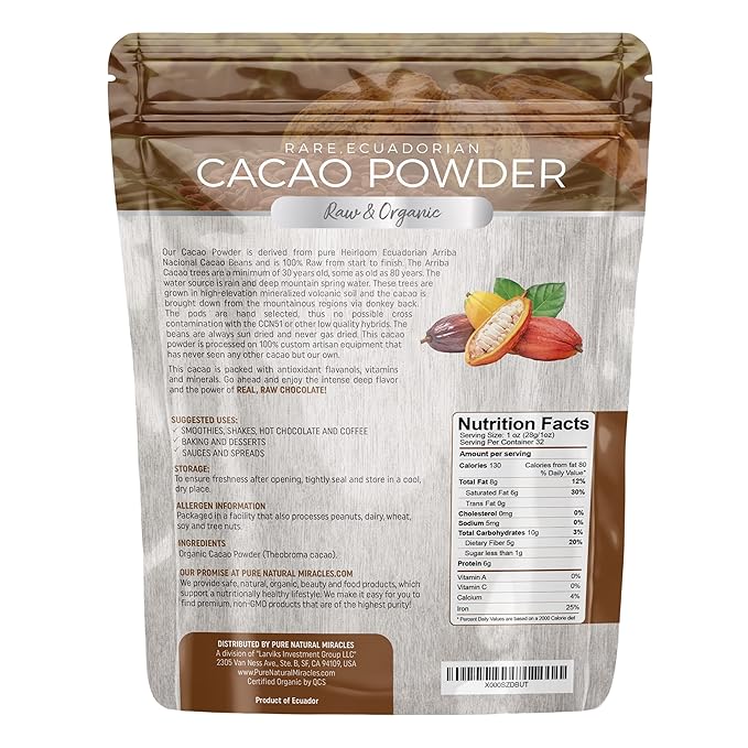 Pure Natural Miracles Cacao Powder - Organic Raw Unsweetened Sugar Free Cocoa - Wild Chocolate Flavor - Perfect for Smoothies and Baking - 2 lb