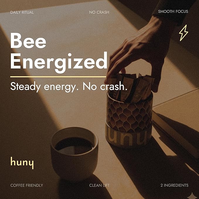 HUNY Bee Energized Shilajit Honey Sticks | Functional Raw Honey + TruBlk Clinically Studied Pure Himalayan Shilajit | 85+ Trace Minerals &amp Fulvic Acid for Clean Energy | 30 Count