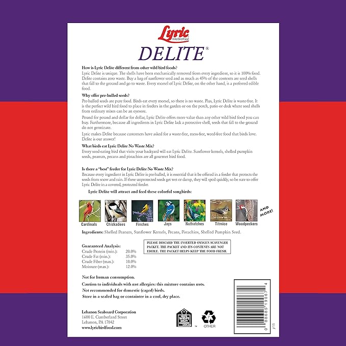 Lyric Delite Wild Bird Seed for Outside Feeders - No Waste Bird Food Nuts &amp Seeds Mix Attracts Buntings Chickadees &amp Finches 10 lb (Pack of 2-5 lb Bags)