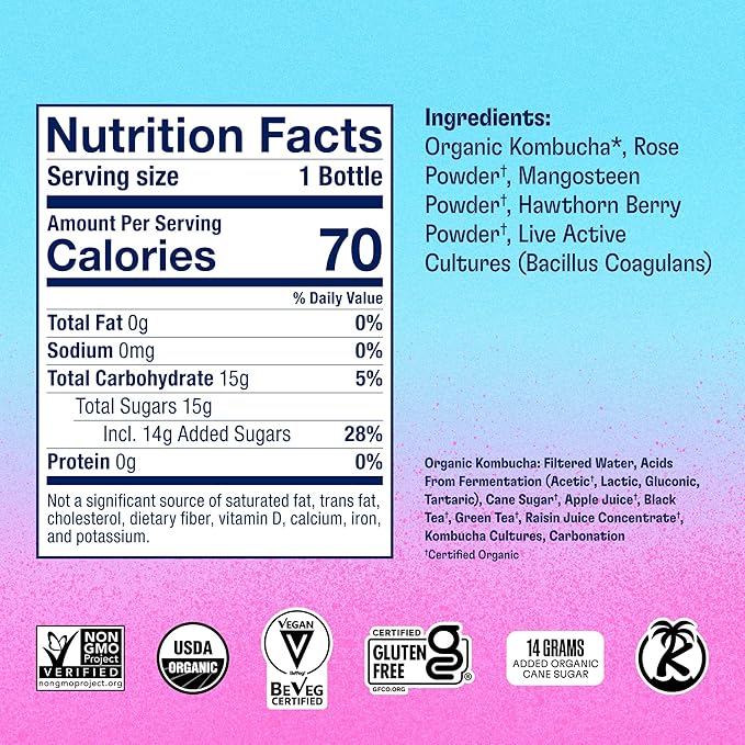 Health-Ade Organic Kombucha Tea Bubbly Rose 12-Pack (16 Fl Oz Bottles) Non-GMO Vegan Gluten-Free Fermented Drink with Living Probiotics