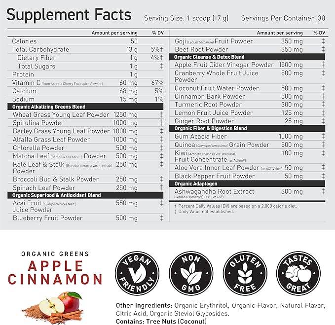 Kaged Organic Greens Powder | Apple Cinnamon | Outlive 100 Superfood &amp Greens Powder | Apple Cider Vinegar Supergreens Ashwagandha | Vitamins &amp Minerals | Supplements for Men &amp Women | 3