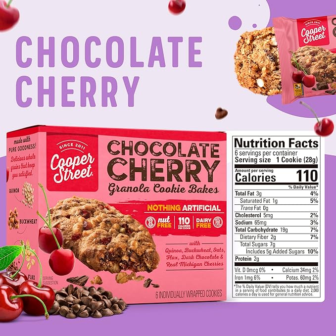 Cooper Street Granola Cookie Bake - Chocolate Cherry Chewy Granola Bars | Individually Wrapped Healthy Breakfast Bars | 6 oz | 6 Pack