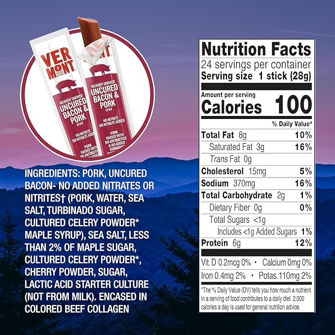 Vermont Smoke &amp Cure - Hickory Smoked Uncured Bacon Pork Sticks - Meat Protein Snack - Portable Healthier Meat Snack for Adults &amp Kids - 1oz Protein Snack - 24 Count
