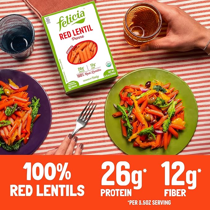 Felicia Gluten Free Pasta Red Lentil Penne 26G Protein per Serving Organic High Protein and Fiber Noodles Designed in Italy Plant Based Made From 100% Lentils Non GMO 8.8 Oz 6 Boxes