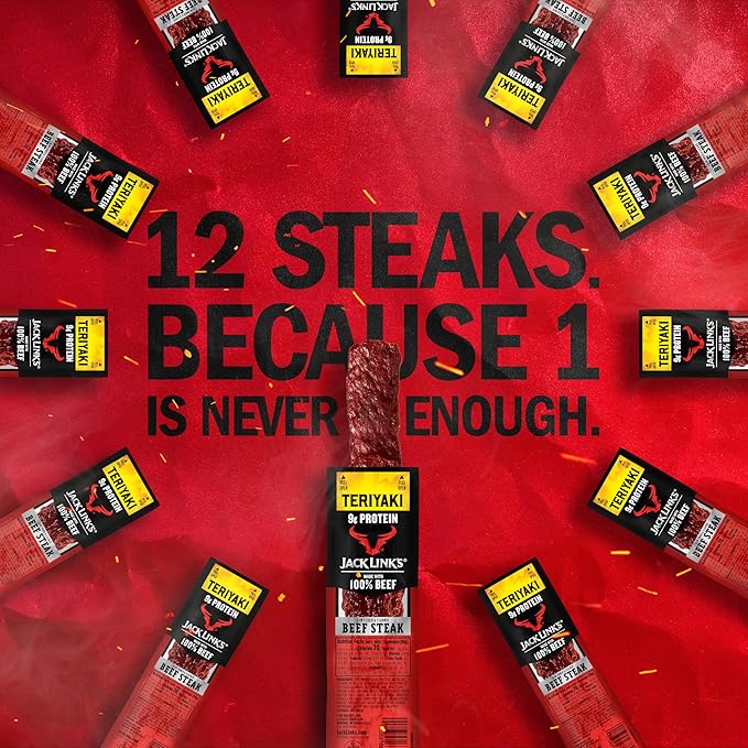 Jack Link's Beef Steak Teriyaki - Protein Snacks Meat Snack with 9g of Protein Made with 100% Beef Individually Wrapped Bulk Snack Pack Keto Friendly - 1 Oz. (12 Count)
