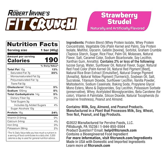FITCRUNCH Snack Size Protein Bars 6-Layer Baked Bar 3g of Sugar &amp Soft Cake Core (18 Bars Strawberry Strudel)