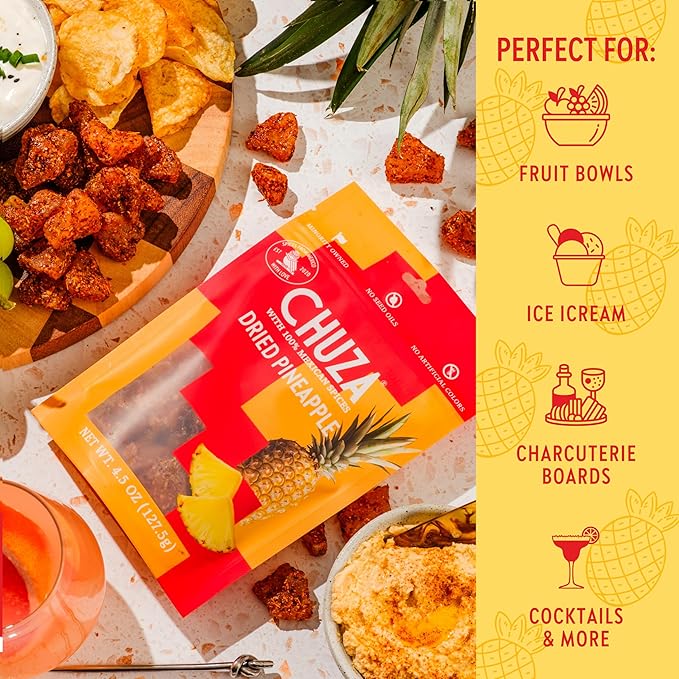 CHUZA Dried Chilli Pineapple Bites Spicy Dried Pineapple Mexican Candy Chilli Spiced Pineapple Combos Snacks with Real Fruit Flavors for Adults and Children Pack for 3