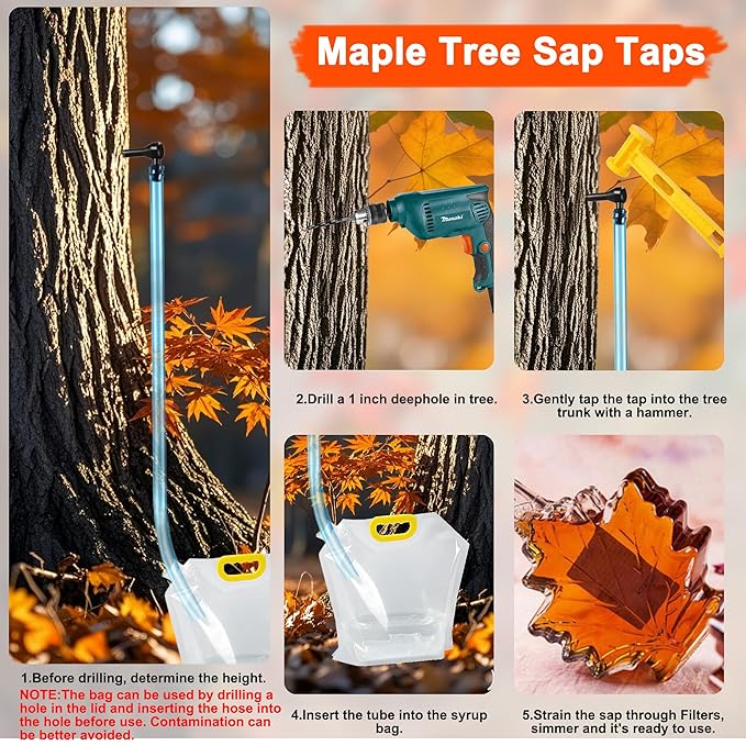 Maple Syrup Tree Tapping Kit with Bags 10 Maple Sap Taps 10 Food Grade 3ft Tubing 10 5L Bags 5 Syrup Filters Maple Birch Walnut Sugaring Starter Supplies Collection Gift for Experts or Beginners