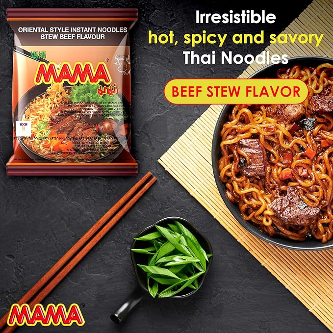 MAMA Noodles Beef Stew Instant Spicy Noodles w/Delicious Thai Flavors Hot &amp Spicy Noodles No Trans Fat w/Fewer Calories Than Deep Fried Noodles 30 Pack