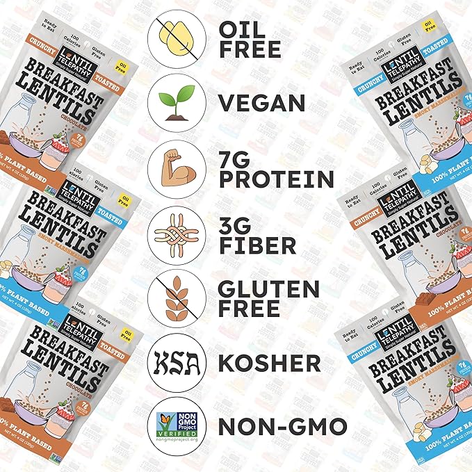 Lentil Telepathy SMORES Breakfast Variety Pack - Kosher Crunchy Toasted Lentils for Healthy Breakfast Plant-Based Gluten-Free Non-GMO Vegan-Friendly Oil-Free - 3-Pack 4 Ounce Bags
