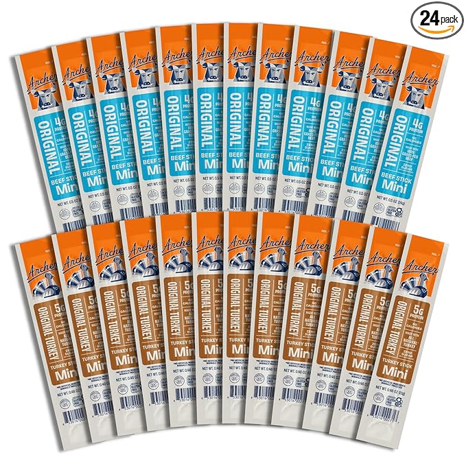 Archer Jerky Mini Beef &amp Turkey Jerky Sticks - Grass Fed Beef Sticks Individually Wrapped Mini Protein Snack Packs Bulk Paleo Keto - 12 of Each (24 Total)