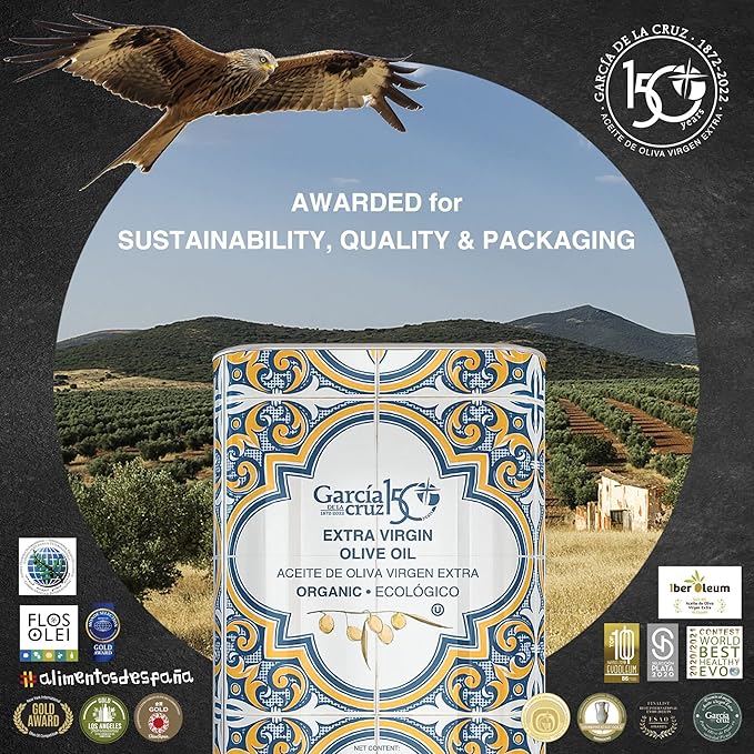 GARCÍA DE LA CRUZ - Organic Extra Virgin Olive Oil Master Miller Premium Oil Almond and Tomato Tones Smooth Body Sourced in Spain Montes de Toledo Bottled in Tins - 3L