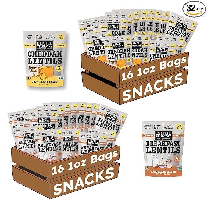 Lentil Telepathy Breakfast &amp Snack Variety Pack - Healthy Snacks for Adults and Kids Alternative Granola or Cereal Breakfast Low Calorie Dairy-Free Oil-Free - 1 Ounce Bags (Mix Pack of 32)