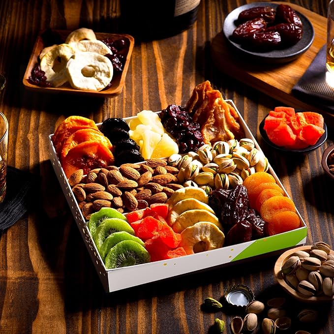 NUT CRAVINGS - Dried Fruit &amp Mixed Nuts Gift Basket in White Gold Box (12 Assortments) Ramadan Gifts Food Arrangement Healthy Snack Care Package