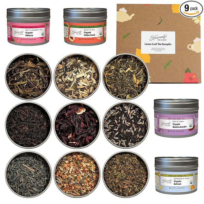 Heavenly Tea Leaves Organic Assorted 9 Loose Leaf Tea Gift Box (Approx. 90 Cups of Tea) - Sampler Set of 9 Teas &amp Herbal Tisanes Great Hot or Iced High to No Caffeine