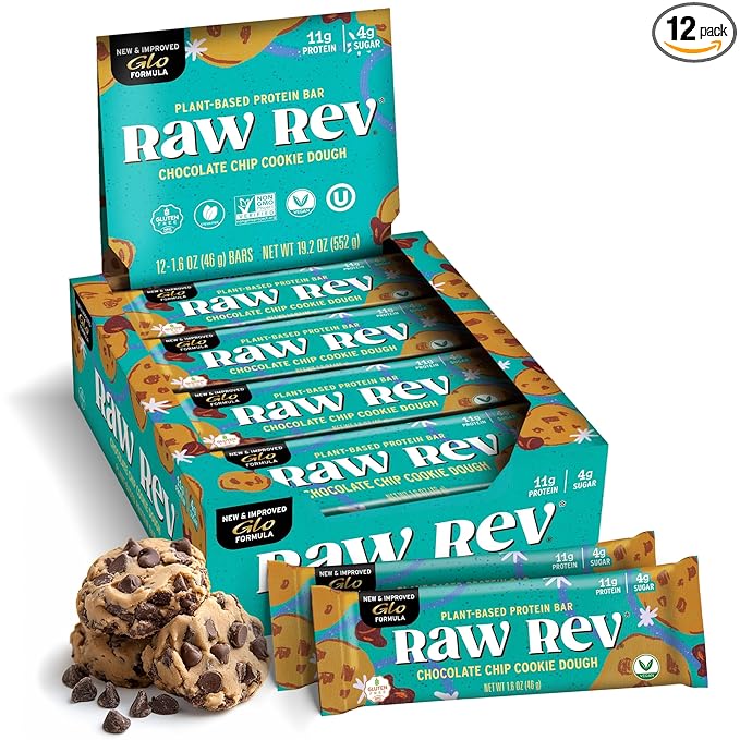 Raw Rev Vegan Protein Bars- Chocolate Chip Cookie Dough 12 bars Non-GMO Plastic-Neutral Nothing Artificial Glo Formula Gluten-Free Keto-Friendly Paleo Kosher No Sugar Alcohols No Stevia.