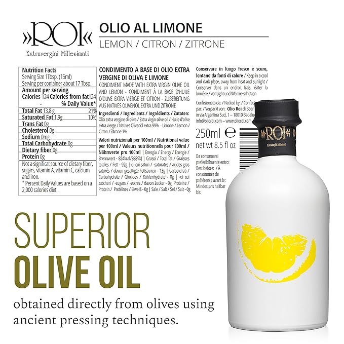 ROI Lemon Infused Olive Oil - 100% Natural Italian Gourmet Extra Virgin Olive Oil Cold Pressed with Real Lemons - Made in Italy EVOO - 8.45 fl oz (250 ml)