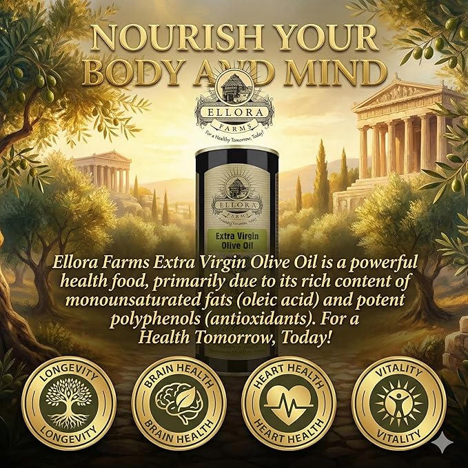 Ellora Farms Certified Extra Virgin Olive Oil Single Estate PDO Crete Traceable Greek EVOO Greece High in Phenols Kosher 16.9 Fl Oz Tin
