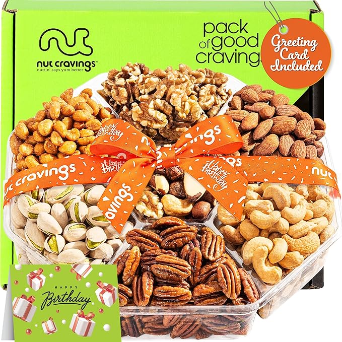 NUT CRAVINGS - Happy Birthday Treats Mixed Nuts Gift Basket with Bday Ribbon (7 Assortments) Food Platter Healthy Snack Care Package Food Assortments