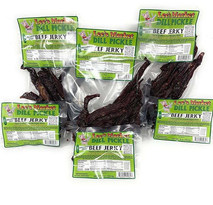 Lee's Market Dill Pickle Beef Jerky - Soft &amp Tender - Healthy Low Carb Gluten-Free Snack - Paleo &amp Keto-Friendly - Michigan Made Handcrafted Jerky - Specialty Gourmet Meat Snacks - 8oz