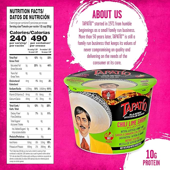 Tapatío Ramen Noodle Soup Chili Lime Shrimp Flavored - Microwaveable Big Bowl 3.88 oz. (110g) 6-Pack