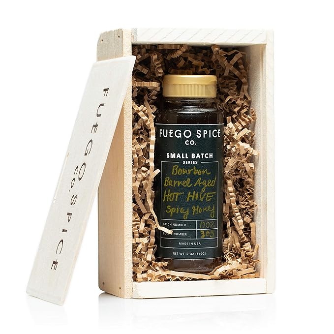 HOT HIVE Bourbon Barrel-Aged Spicy Honey by Fuego Spice - Custom Hot Sauce Gift Set Box - Aged in Award-Winning Bourbon Barrels with Organic Carolina Reaper - 12 oz. - Heat Level: Mild
