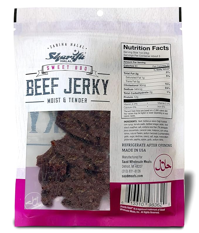 Sharifa Halal Beef Jerky Sweet BBQ (5 Pack) Each Bag 2.85 oz – Great Everyday Halal Jerky Beef Meat Snack 100 % Real Zabiha Halal Beef 12g of Protein 80 Calories 0g Trans Fat &amp 2g of Carboh