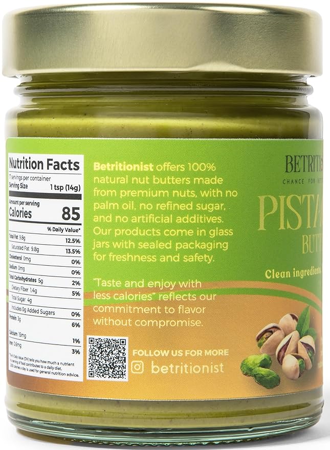 Betritionist 76% Pistachios CreamNaturally Sweet 0 calorie sugar Clean energy boost9ozMade with MCT oil Dairy Free Vegangood for gut health SpreadPerfect for Bakery Desserts Coffee Smoothi