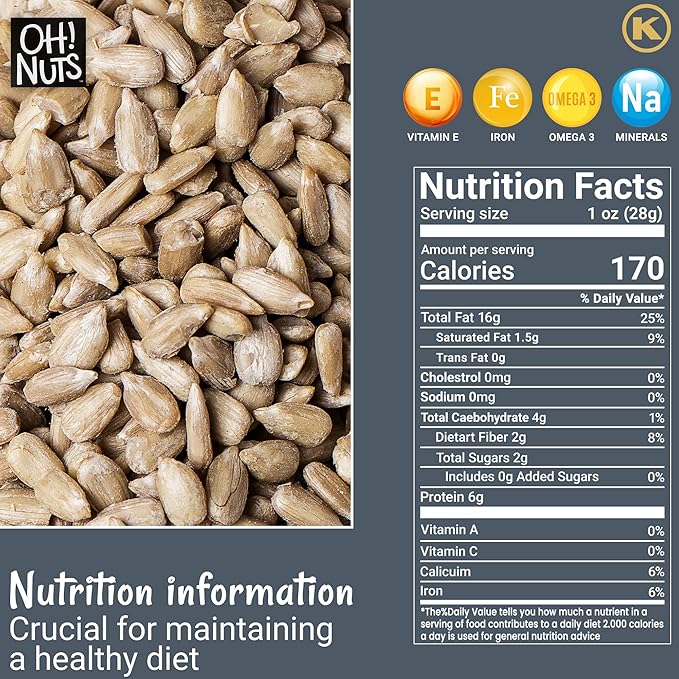 Oh! Nuts Sunflower Seeds No Shell - Roasted Unsalted - 2 lb - Healthy Energy Booster Snack - Packed in New York Zip-Seal Bag for Exceptional Freshness