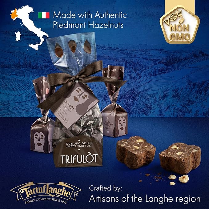 TartufLanghe Trifulot Dark Chocolate Truffles with Piedmont Hazelnuts - Crunchy Black Praline Gourmet Italian Truffle Candy Fancy Chocolate Gift Bag From Italy Dairy Free - 6.34 oz