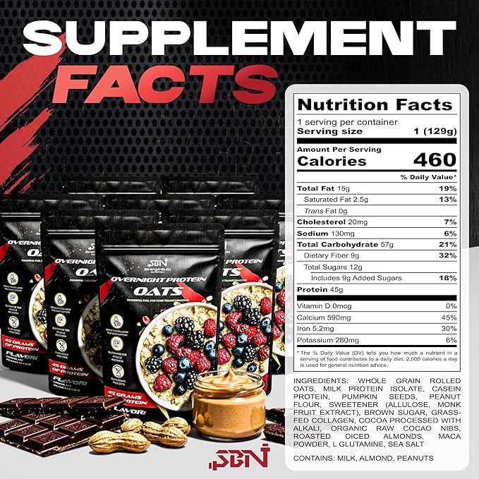 StrengthBuild Overnight Protein Oats – 45g Protein Muscle-Building Oatmeal – Clean Ingredients – Peanut Butter Chocolate – 8 Pouches
