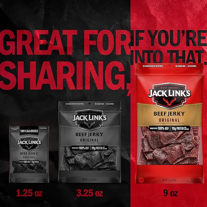 Jack Link's Beef Jerky Original Large Jerky Bags - Flavorful Meat Snacks Ready to Eat Protein Snacks with 10g of Protein per Serving Made with 100% Beef - 9 Oz. (Pack of 2)