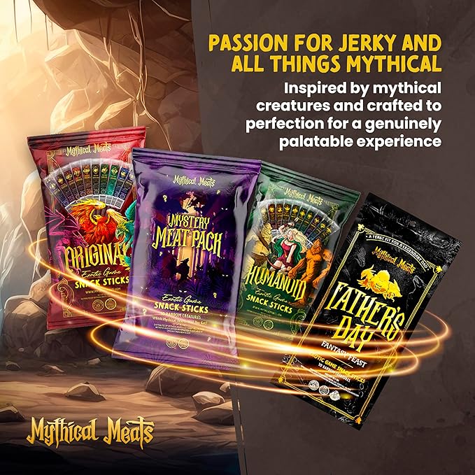 Mythical Meats Exotic Sampler Pack – 24 Mysterious Game and Beef Snack Sticks – Dried &amp Dehydrated Meats Seasoned to Perfection – High Protein Snacks Keto Friendly