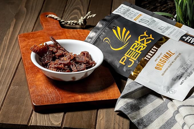 Perky Jerky Original Turkey Jerky 5 oz Bags (Pack of 6) - Low Sodium - 10g Protein per Serving - Low Fat - 100% U.S. Sourced - Tender Texture and Bold Flavor