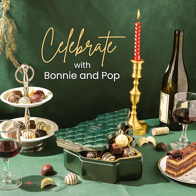 Christmas Chocolate Gift Basket Christmas Tree Shaped Tin with Assorted Truffles Holiday Stocking Stuffer Present Festive Corporate Family Gift Tin Idea for Men and Women Bonnie and Pop