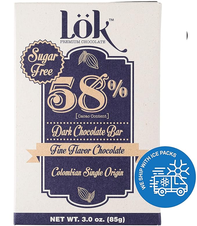 Lok Dark Chocolate Bar 58% Cacao | Sugar-Free Fair Trade Kosher Gluten Free Vegan Bean-to-Bar Lök | 3.0 Ounce 6 Pack