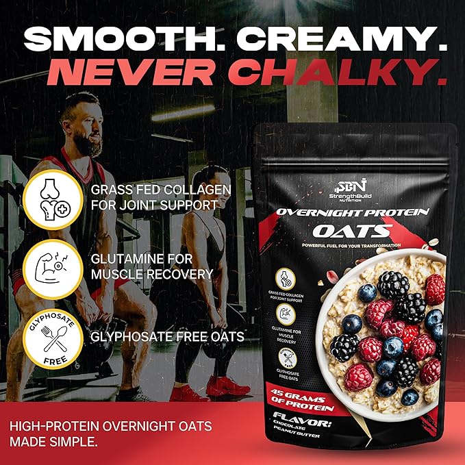 StrengthBuild Overnight Protein Oats – 45g Protein Muscle-Building Oatmeal – Clean Ingredients – Peanut Butter Chocolate – 8 Pouches