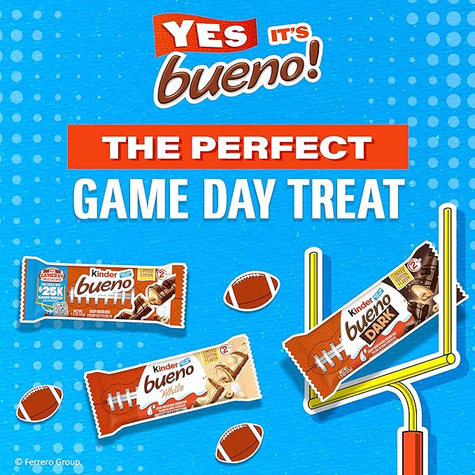 Kinder Bueno Dark Chocolate Bars with Creamy Hazelnut Filling Bulk 30 Count Chocolate Candy Bars for Game Day Football Party Supplies Snacks for Adults 2 Per Pack 1.5 oz Per Pack