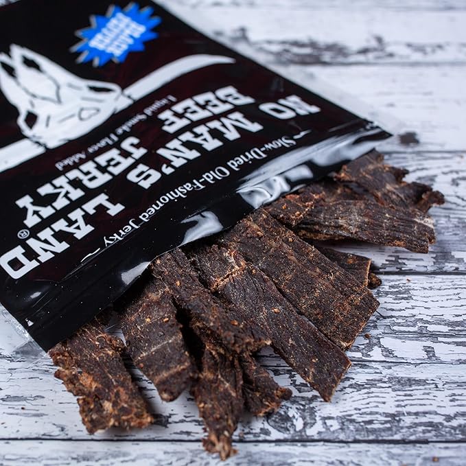 No Mans Land High Protein Beef Jerky | 16G Protein Low Carb Low Calorie Beef Snack | Slow-Dried Smoked &amp Seasoned Jerky Strips | Black Pepper 8.5oz Bag