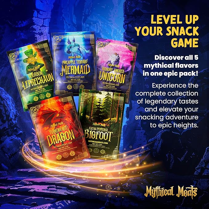 Mythical Meats Exotic Beef Jerky Sampler Pack - 5 Unique Flavors 2 Oz Snack Bags of Hand-Cut Premium Jerky MSG Free