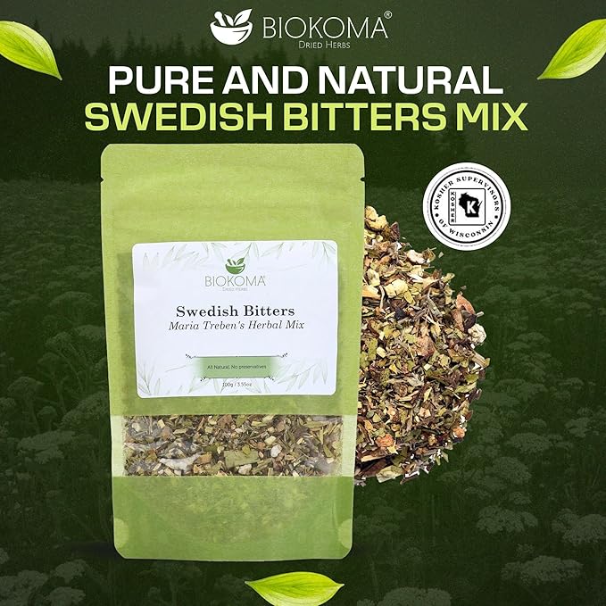 Biokoma Swedish Bitters Maria Treben's Herbal Mix 100g (3.55oz) In Resealable Moisture Proof Pouch - Herbal Tea No Additives No Preservatives Kosher