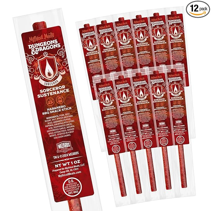 Mythical Meats Dungeons &amp Dragons Sorcerer Sustenance (Sorcerer) - 12 Jerky Sticks - Habanero BBQ Snack Stick Gluten Free MSG Free