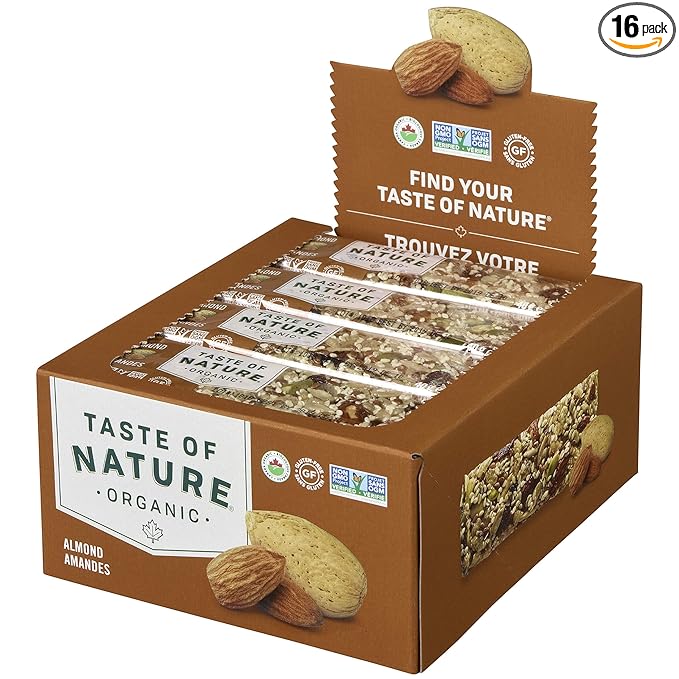 Taste of Nature Organic Almond Snack Bar - Healthy Gluten Free Non GMO Vegan Snack Bars with Mixed Nuts Fruits and Seeds - 16-Count Snack Pack
